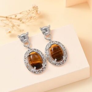 Ever True Tiger's Eye 13.15 ctw Leopard Head Dangle Earrings in Platinum Bond